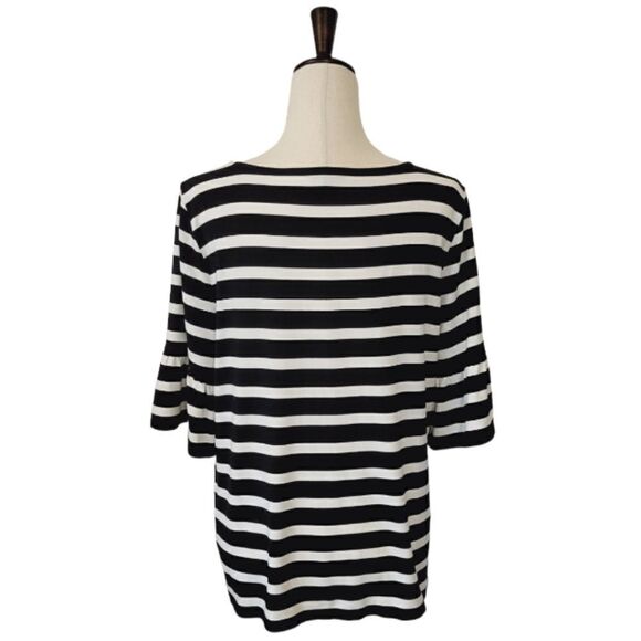 Talbots Black & White Striped  Ruffle Detail Sleeve Stretch Knit  Blouse Size L - Picture 5 of 7